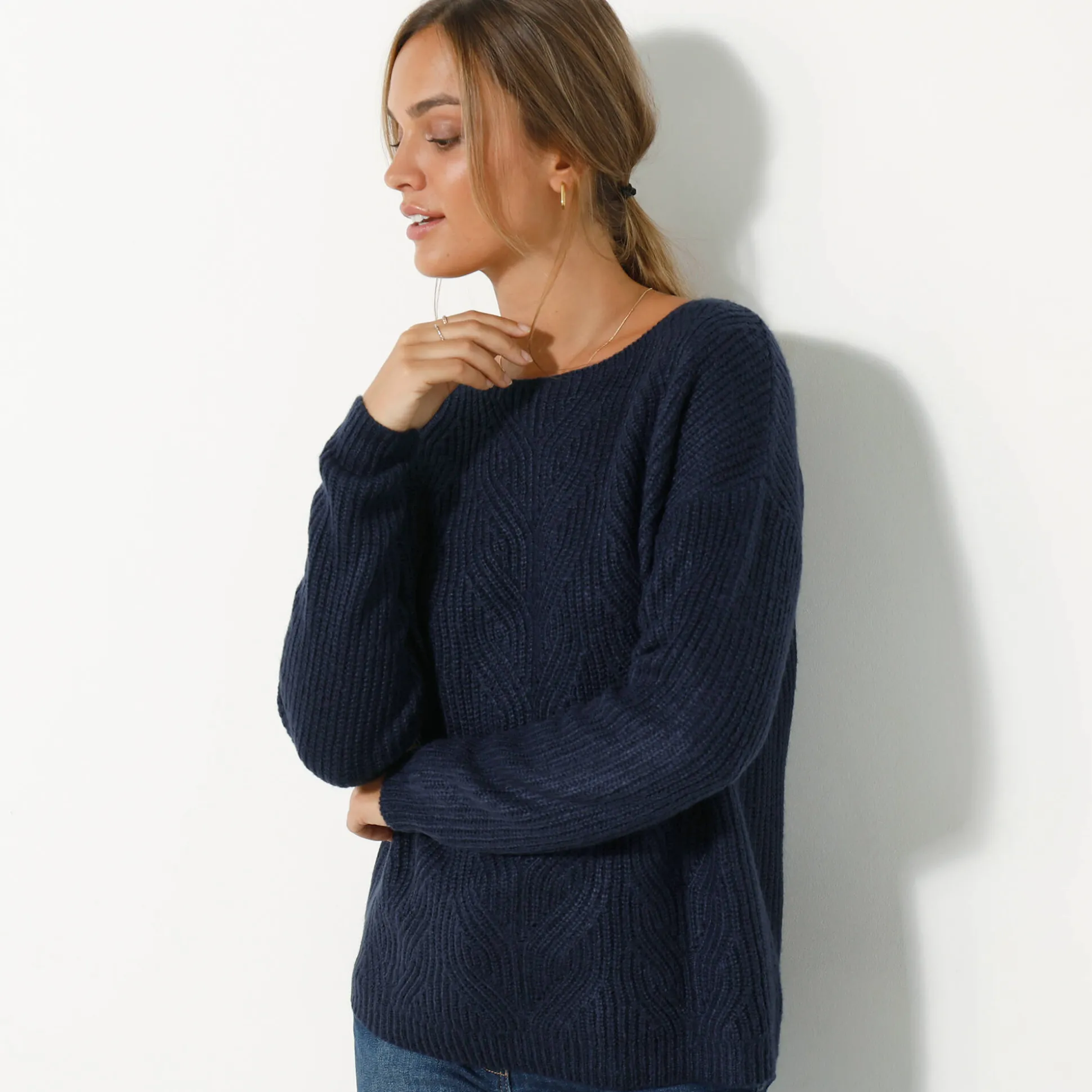 Trui met lange mouwen en ronde hals, pareltricot, speciaal voor kleine lengtes