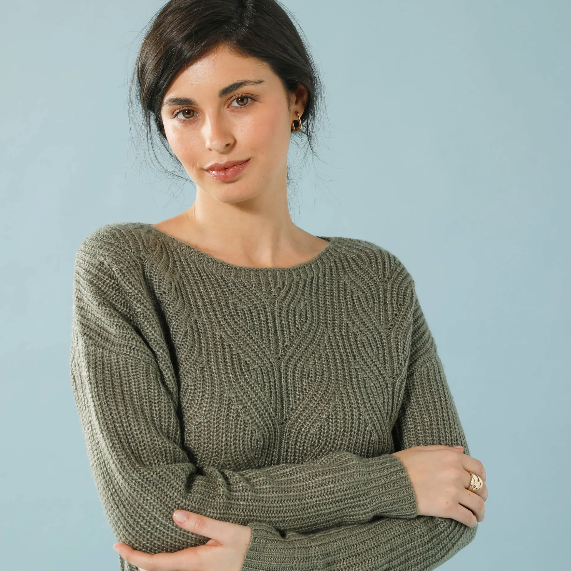 Trui met lange mouwen en ronde hals, pareltricot, speciaal voor kleine lengtes