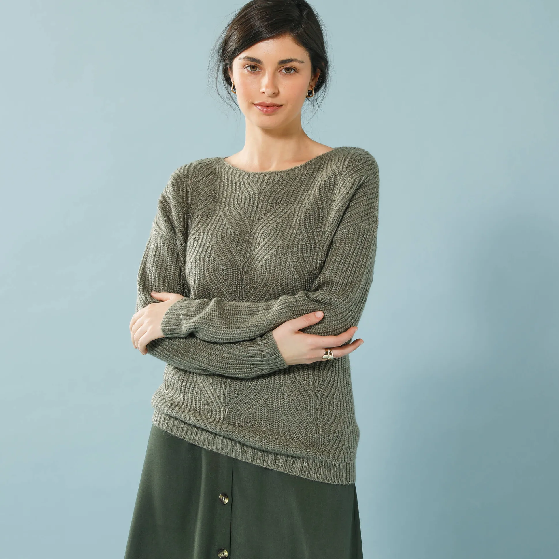 Trui met lange mouwen en ronde hals, pareltricot, speciaal voor kleine lengtes