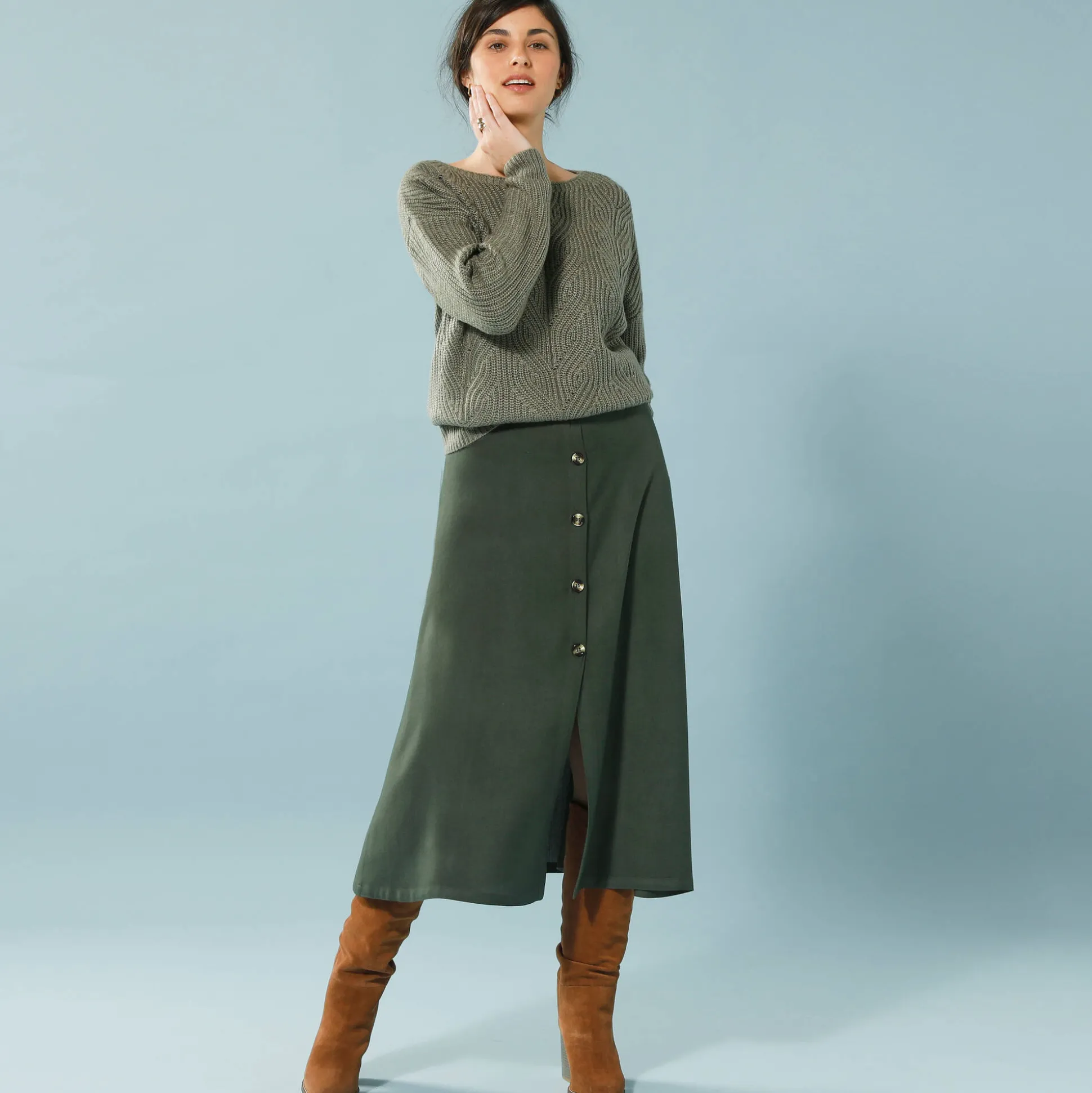 Trui met lange mouwen en ronde hals, pareltricot, speciaal voor kleine lengtes