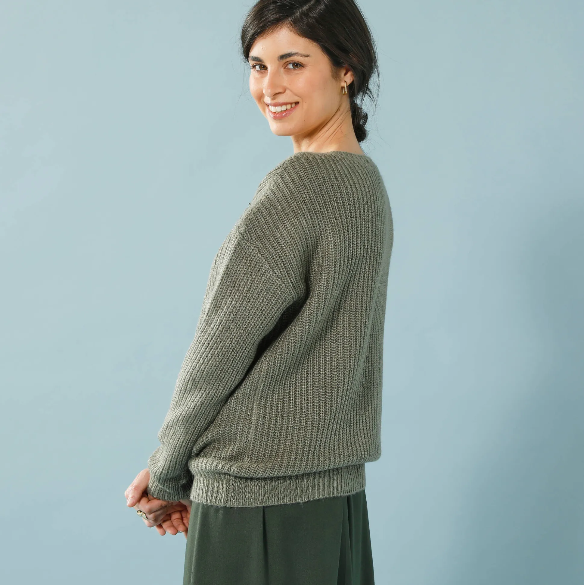 Trui met lange mouwen en ronde hals, pareltricot, speciaal voor kleine lengtes