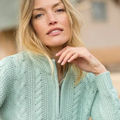 Trui met opstaande ritskraag, kabeltricot en kasjmiertouch