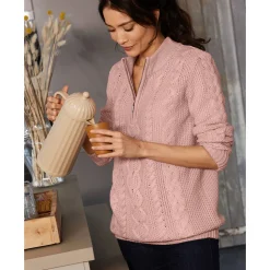 Trui met opstaande ritskraag, kabeltricot en kasjmiertouch
