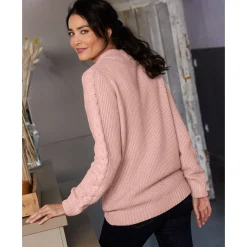 Trui met opstaande ritskraag, kabeltricot en kasjmiertouch