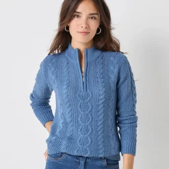 Trui met opstaande ritskraag, kabeltricot en kasjmiertouch