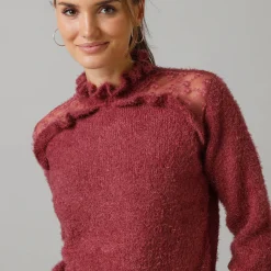 Trui met opstaande ruchekraag, harig tricot en geborduurde tule