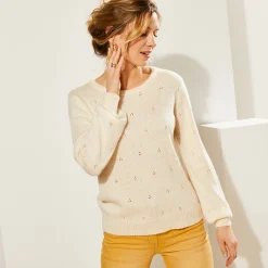 Trui met ronde hals, pointelletricot met mohairtouch