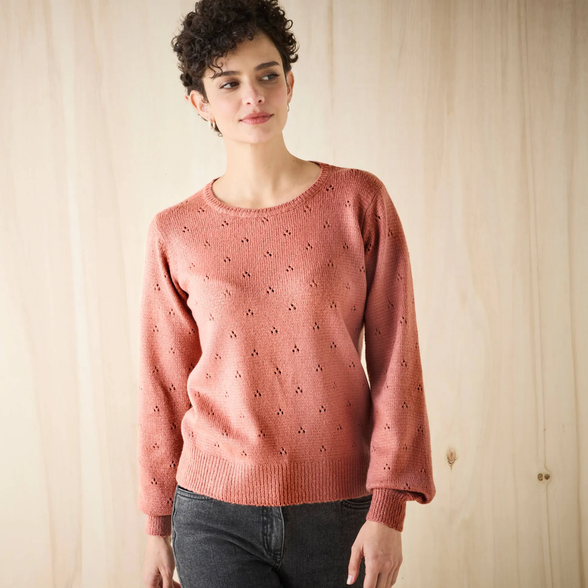 Trui met ronde hals, pointelletricot met mohairtouch
