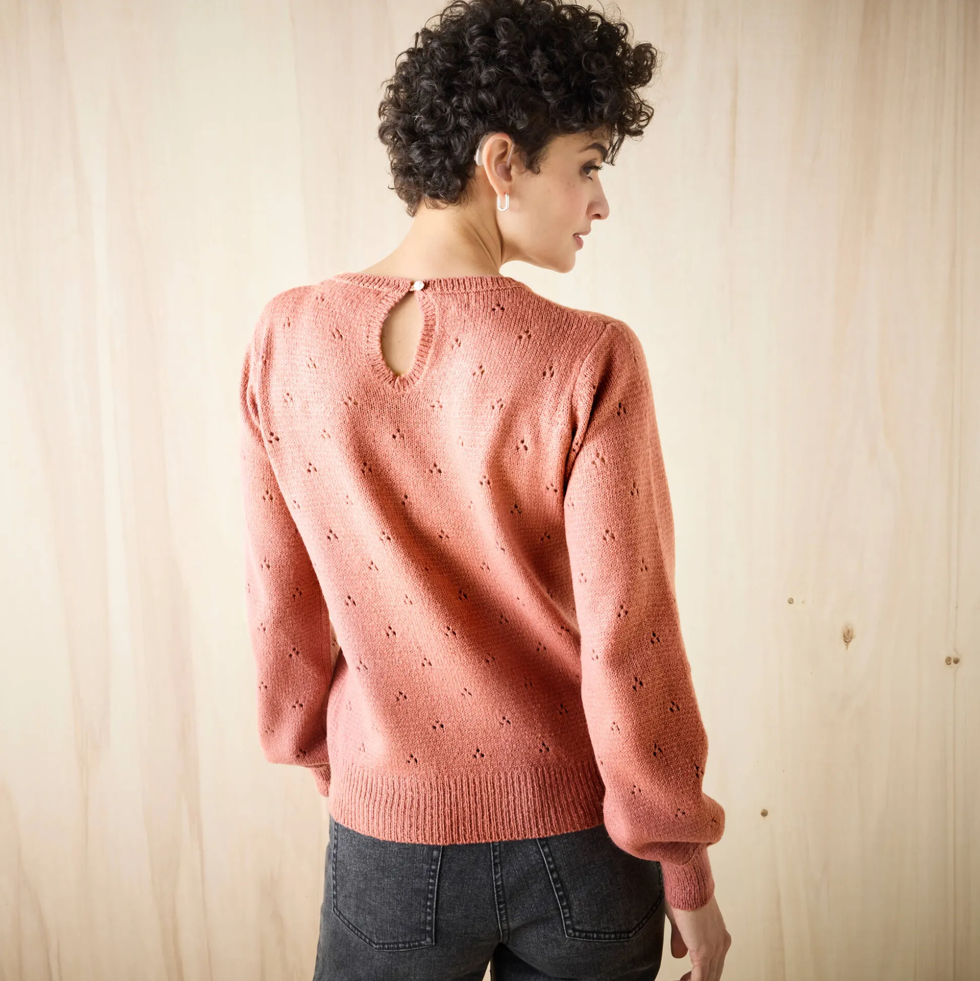 Trui met ronde hals, pointelletricot met mohairtouch