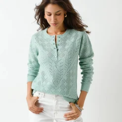 Trui met Tunesische hals, in ajourtricot
