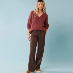 Trui met V-hals, 'loose' volume, in fantasie pareltricot
