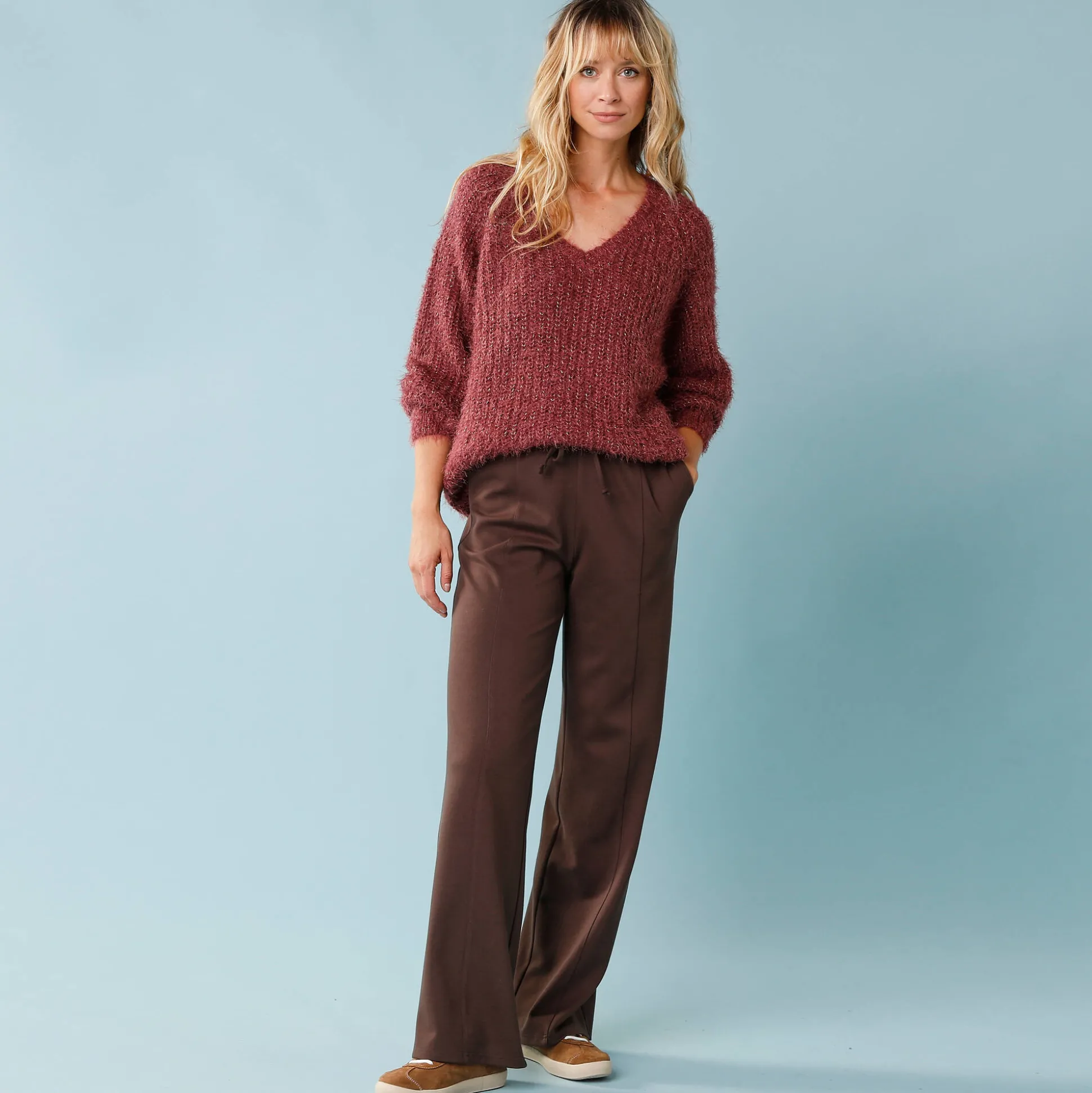 Trui met V-hals, 'loose' volume, in fantasie pareltricot