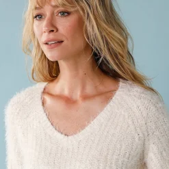 Trui met V-hals, 'loose' volume, in fantasie pareltricot