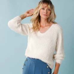 Trui met V-hals, 'loose' volume, in fantasie pareltricot