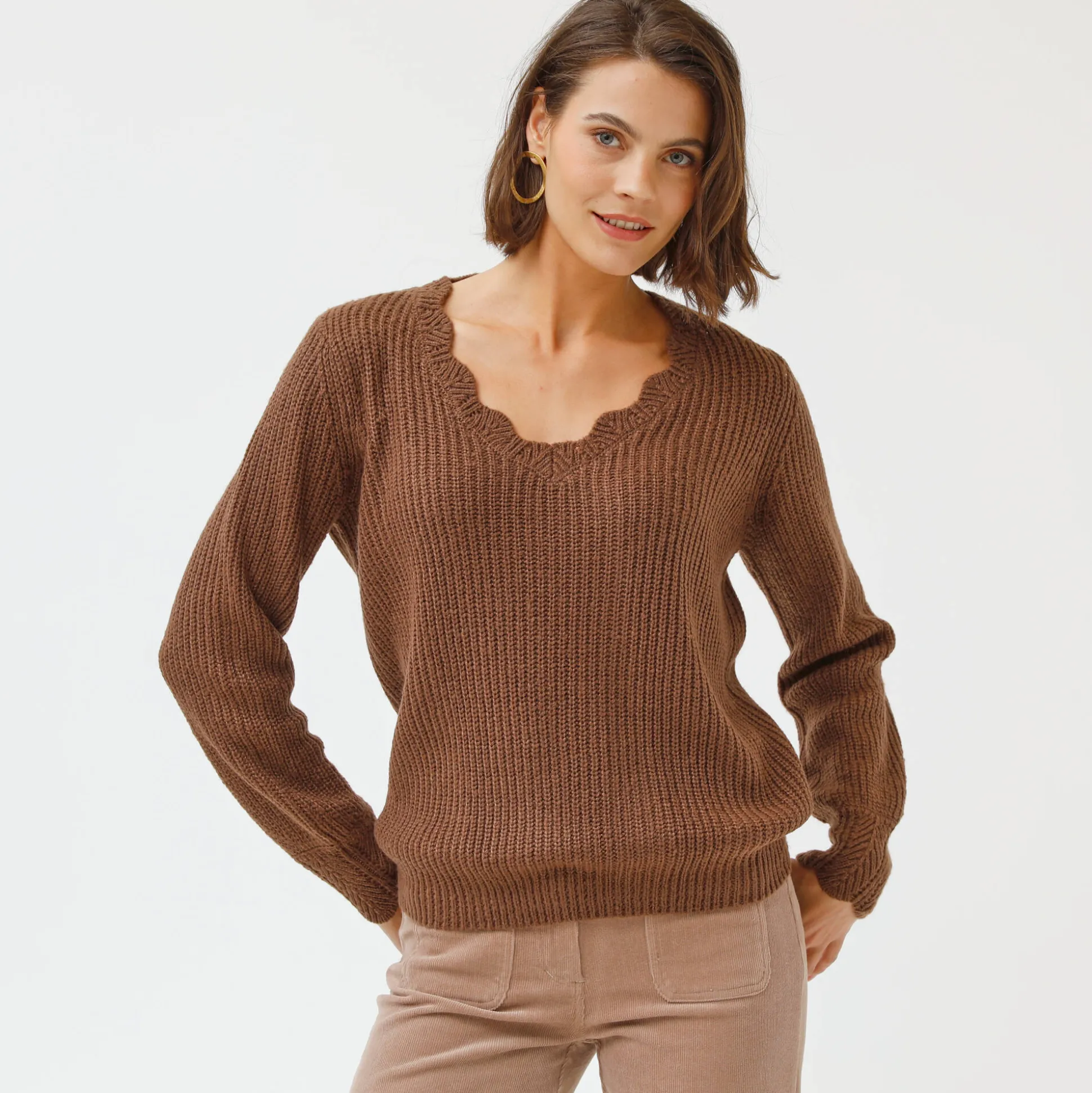 Trui met V-hals, patenttricot