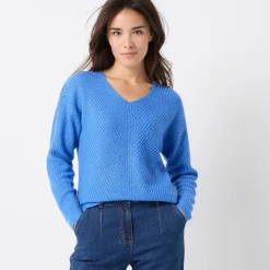 Trui met V-hals, patenttricot met zachte touch