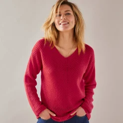 Trui met V-hals, patenttricot met zachte touch