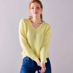 Trui met V-hals, patenttricot met zachte touch