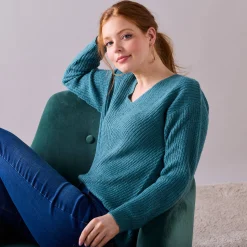 Trui met V-hals, patenttricot met zachte touch