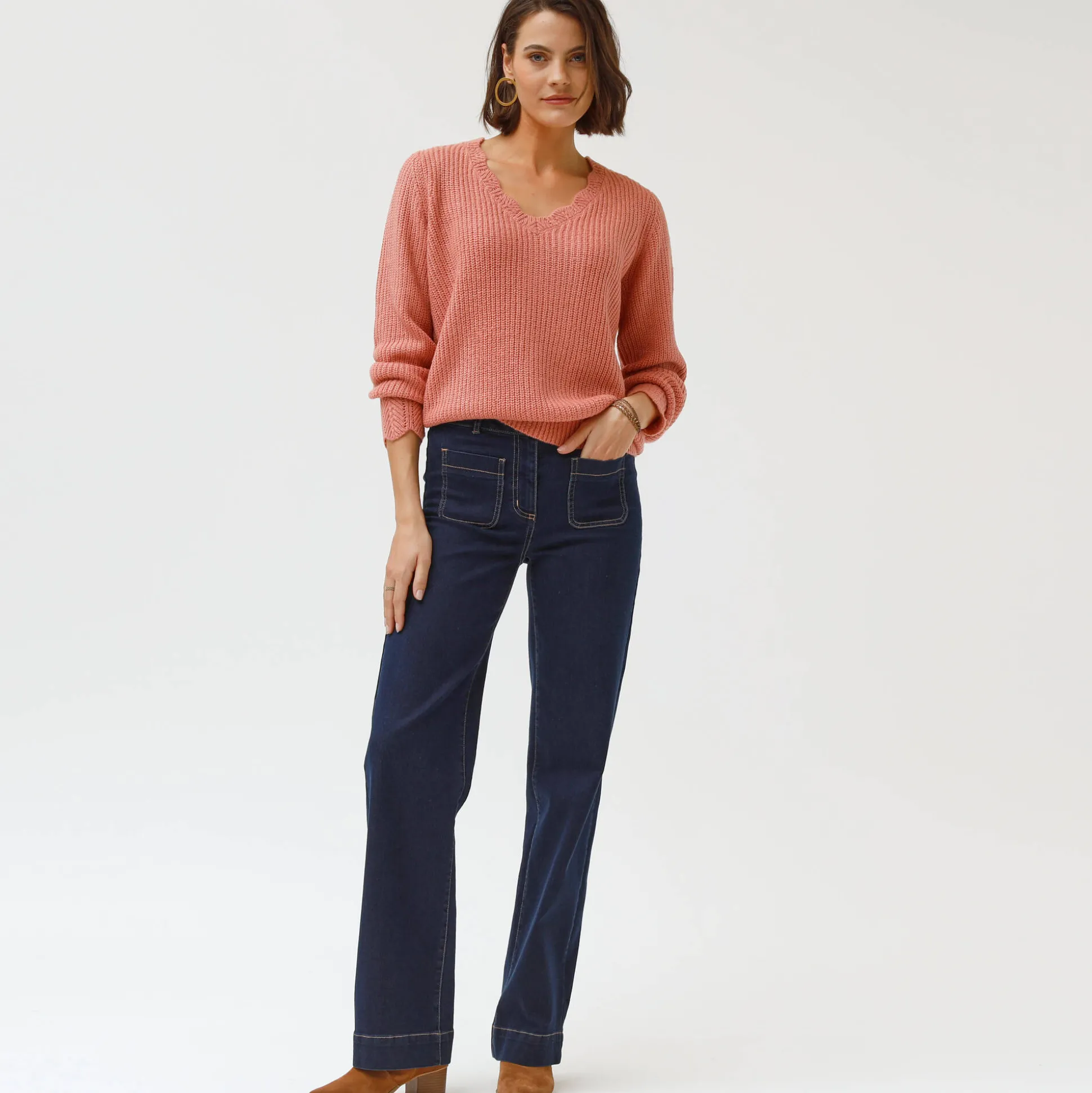 Trui met V-hals, patenttricot