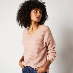 Trui met V-hals, patenttricot met zachte touch