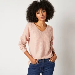 Trui met V-hals, patenttricot met zachte touch