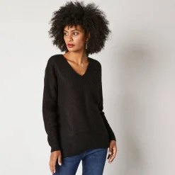 Trui met V-hals, patenttricot met zachte touch