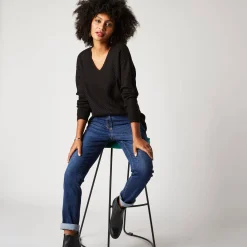 Trui met V-hals, patenttricot met zachte touch