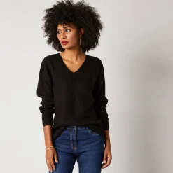 Trui met V-hals, patenttricot met zachte touch