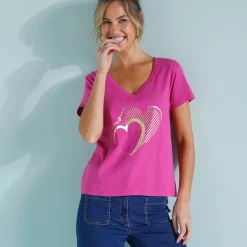 T-shirt col V imprimé doré