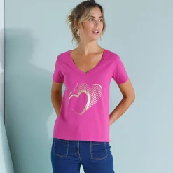 T-shirt col V imprimé doré
