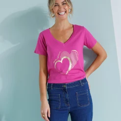 T-shirt col V imprimé doré