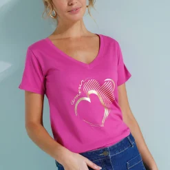 T-shirt col V imprimé doré