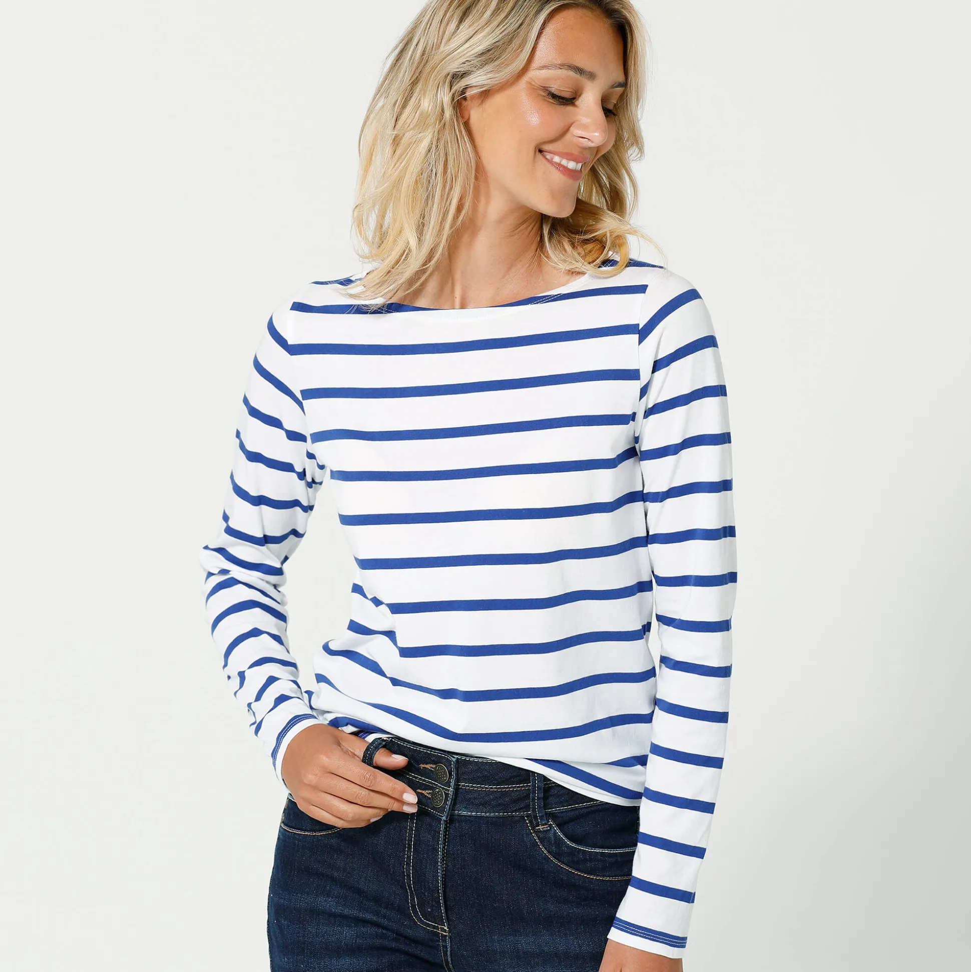 T-shirt in biokatoen met lange mouwen en marinestrepen