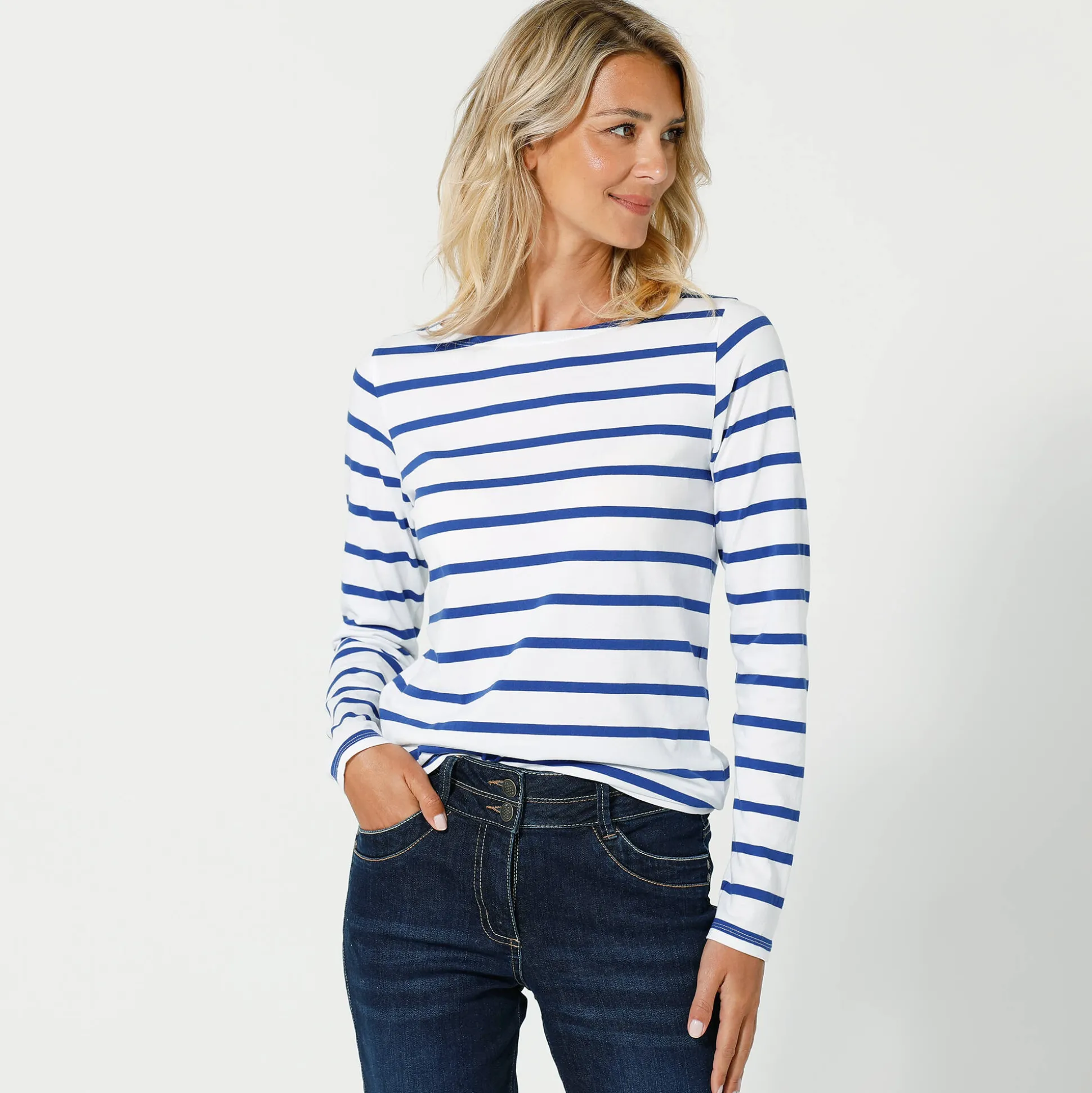 T-shirt in biokatoen met lange mouwen en marinestrepen