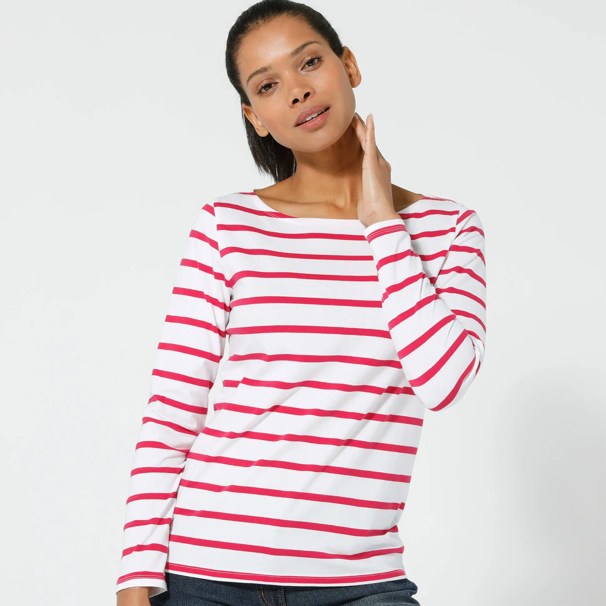 T-shirt in biokatoen met lange mouwen en marinestrepen