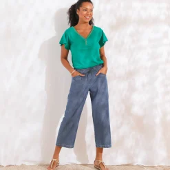 T-shirt in effen tricot met goudkleurige V-hals