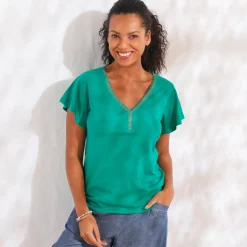T-shirt in effen tricot met goudkleurige V-hals
