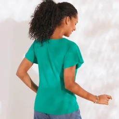 T-shirt in effen tricot met goudkleurige V-hals