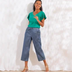 T-shirt in effen tricot met goudkleurige V-hals