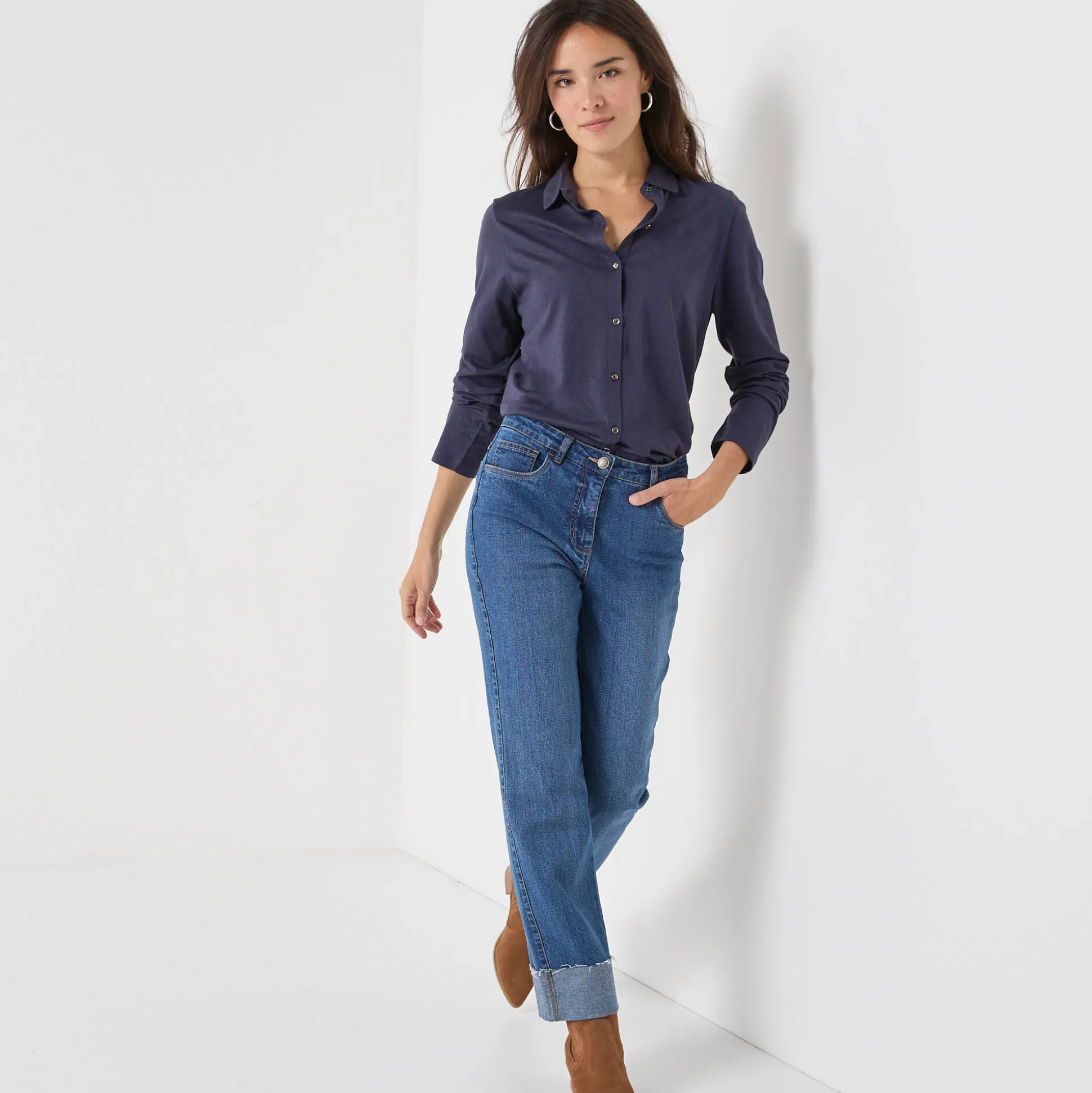 T-shirt met knopen, lange mouwen en polokraag