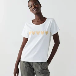 T-shirt met korte mouwen, goudkleurige hartjesprint