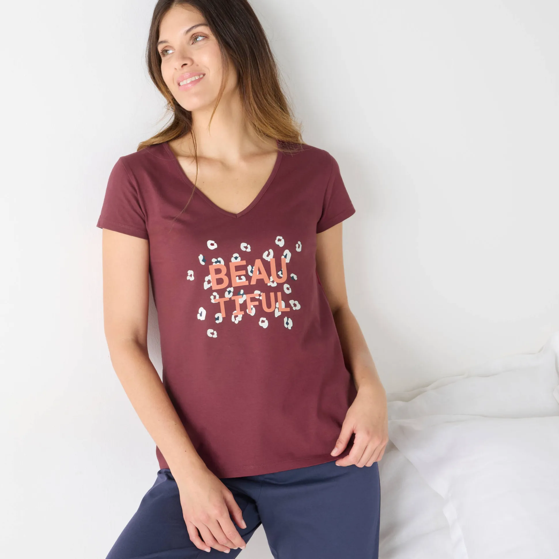 T-shirt met korte mouwen in effen katoen geplaatste "Beautiful" print