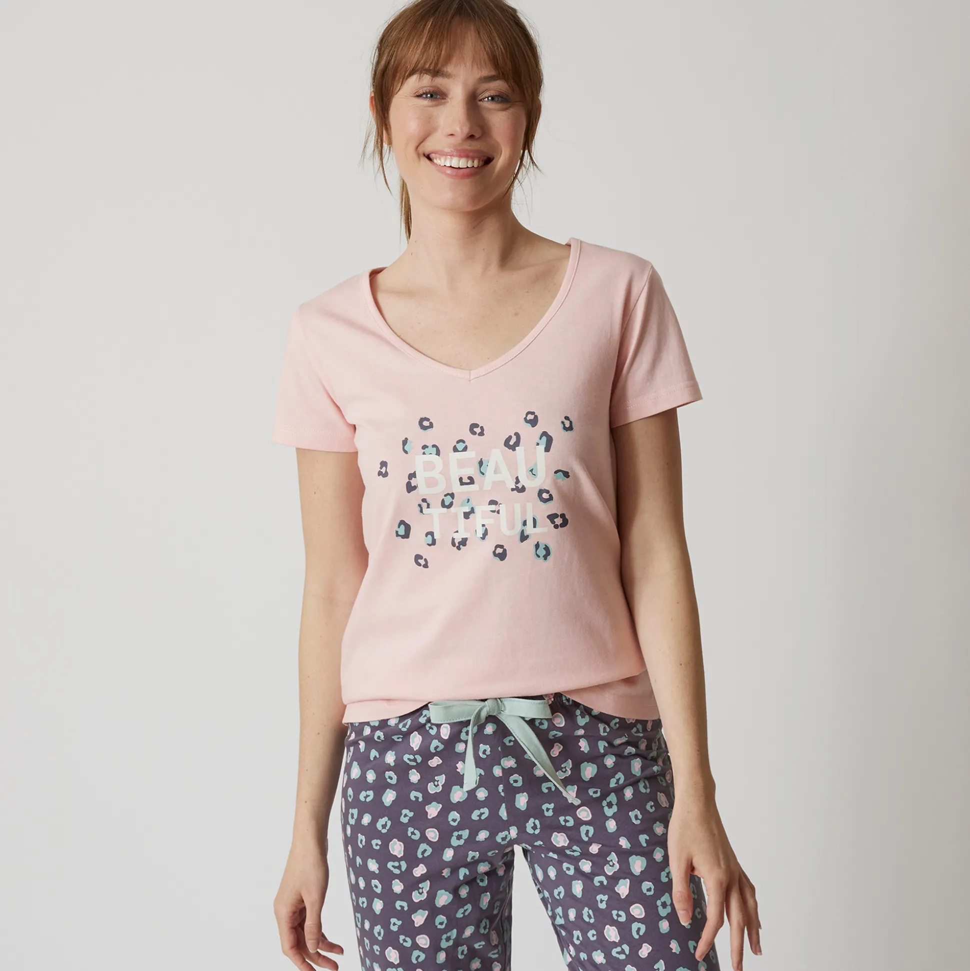 T-shirt met korte mouwen in effen katoen geplaatste "Beautiful" print