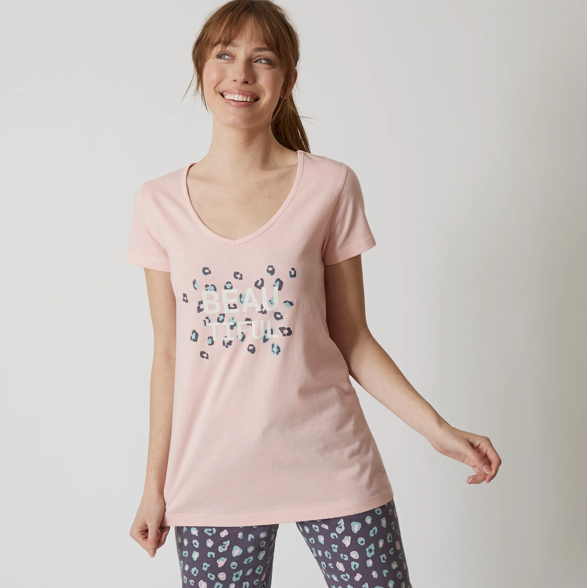 T-shirt met korte mouwen in effen katoen geplaatste "Beautiful" print
