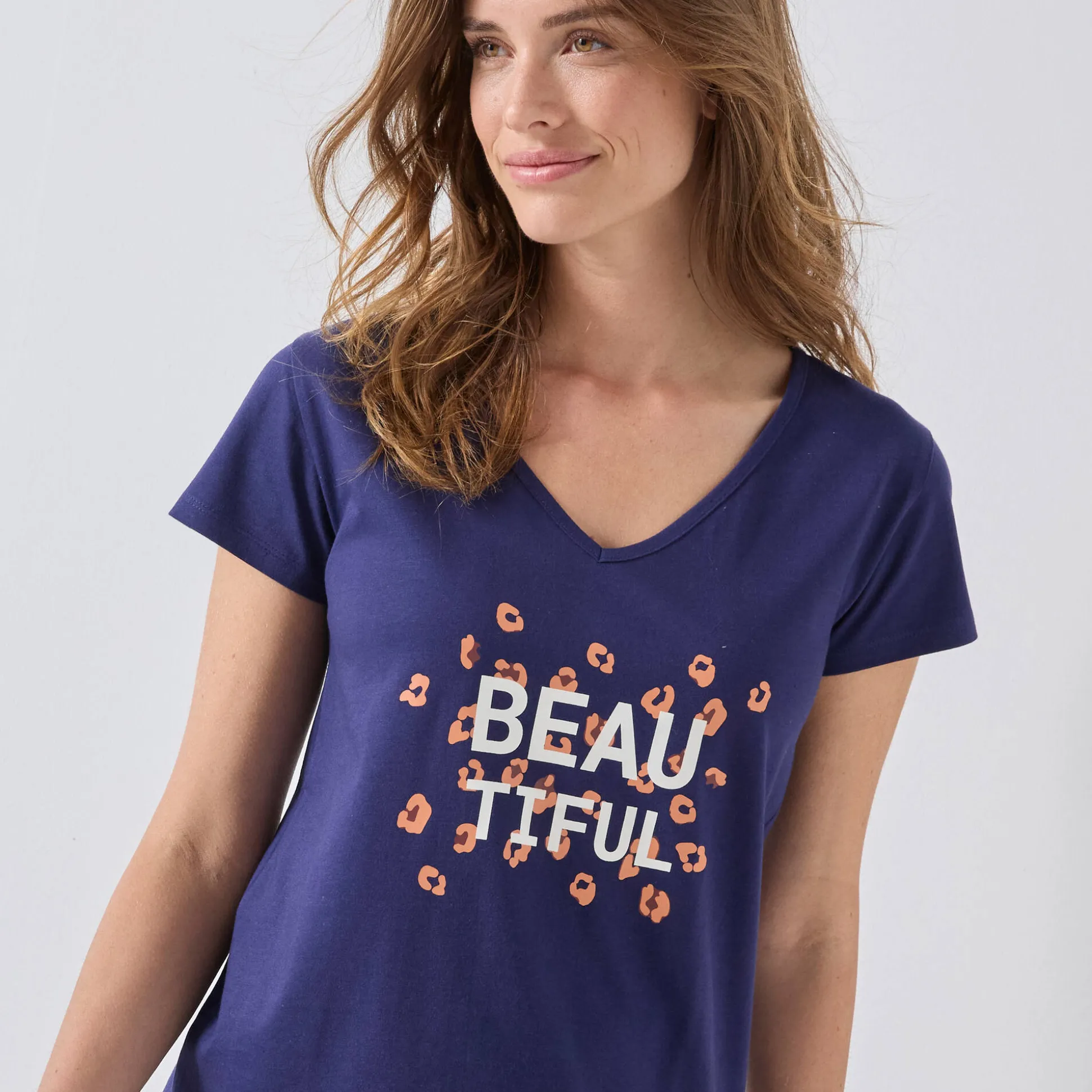 T-shirt met korte mouwen in effen katoen geplaatste "Beautiful" print