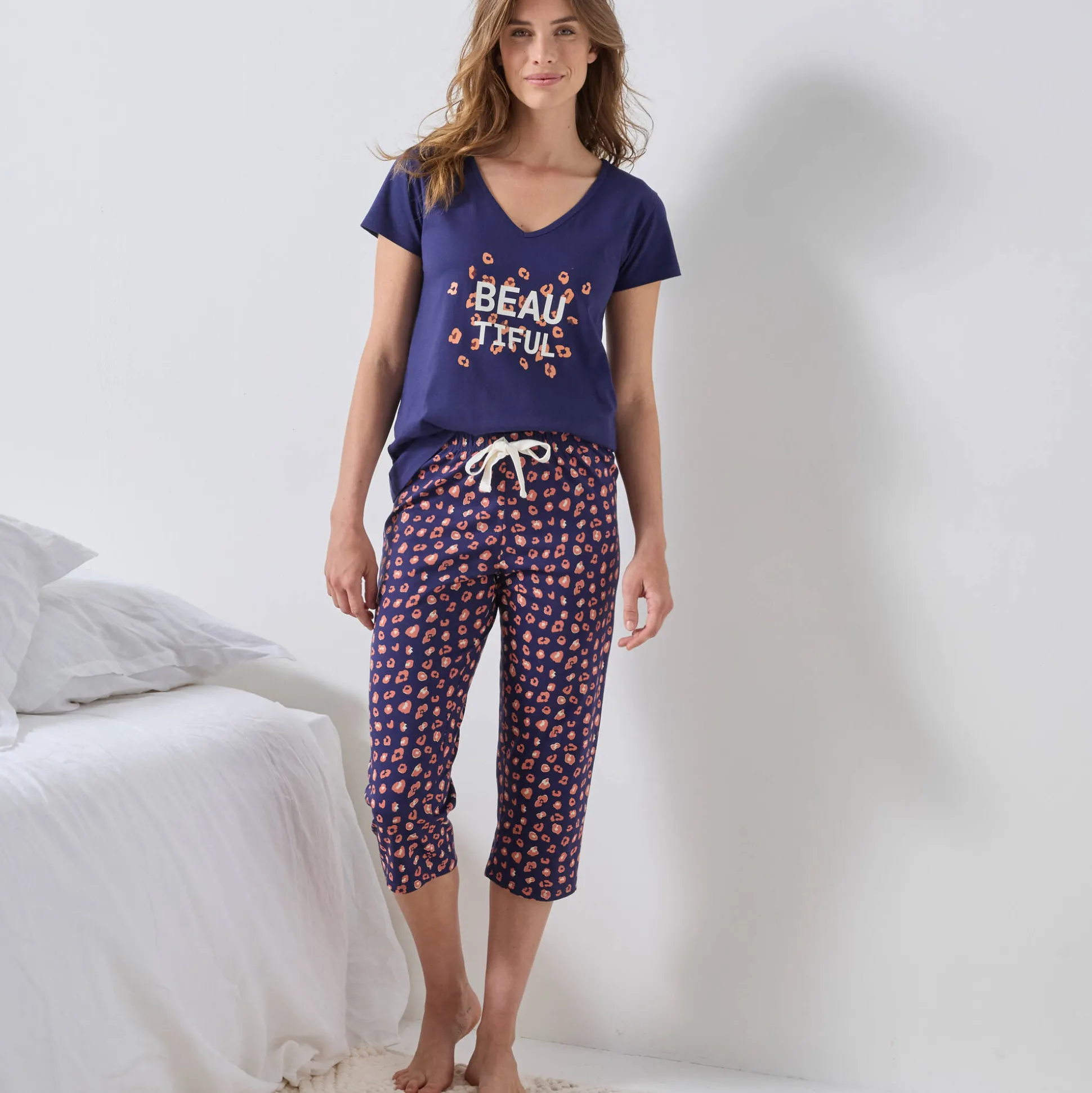 T-shirt met korte mouwen in effen katoen geplaatste "Beautiful" print
