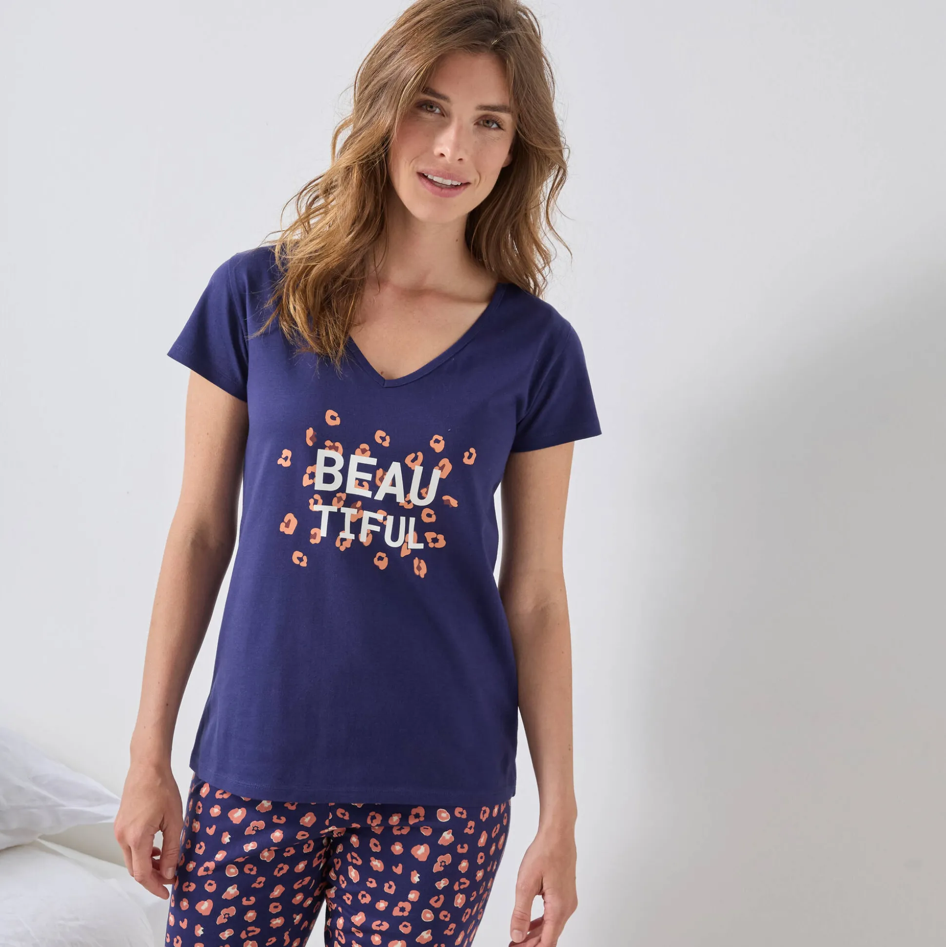 T-shirt met korte mouwen in effen katoen geplaatste "Beautiful" print
