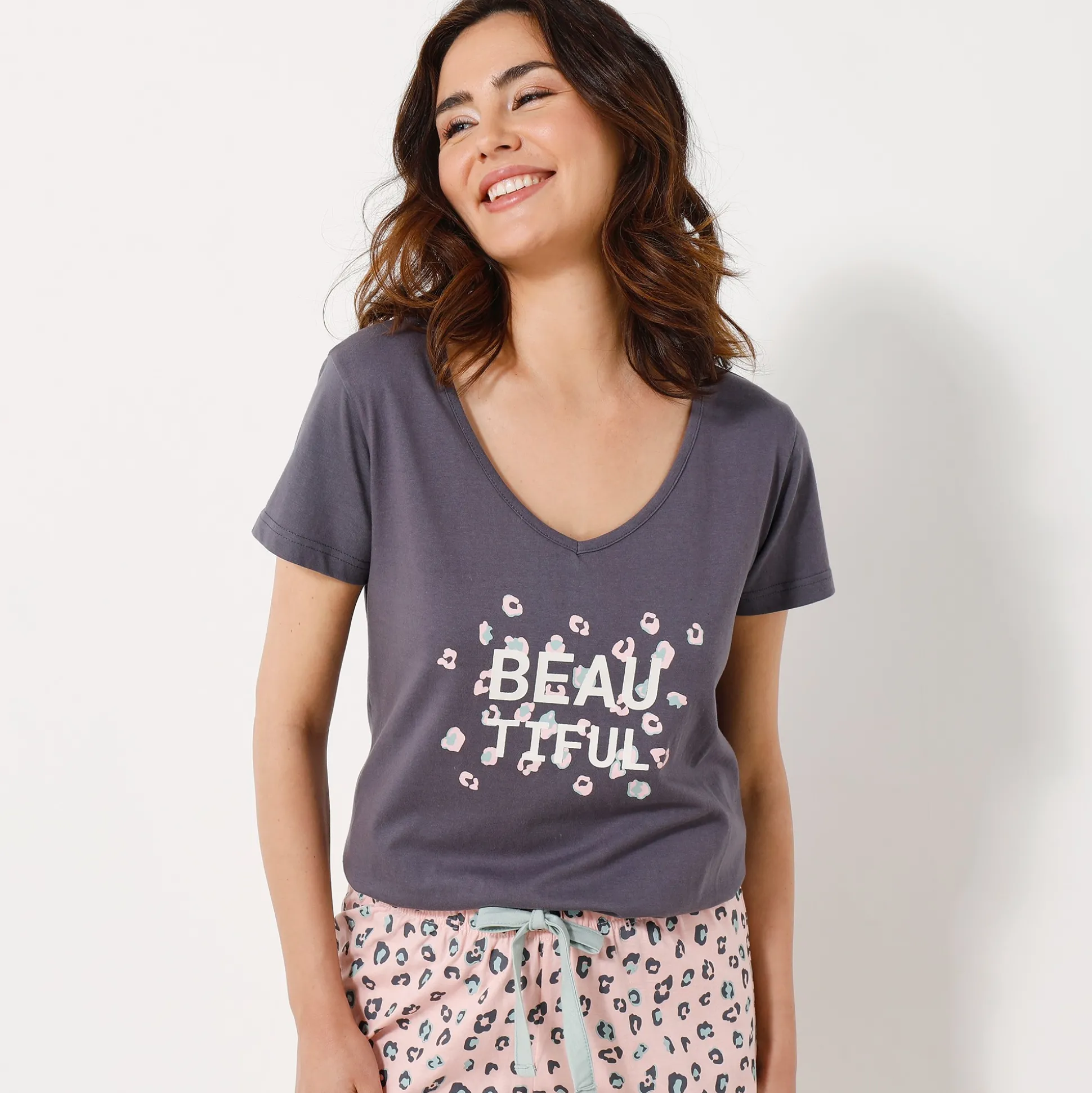 T-shirt met korte mouwen in effen katoen geplaatste "Beautiful" print