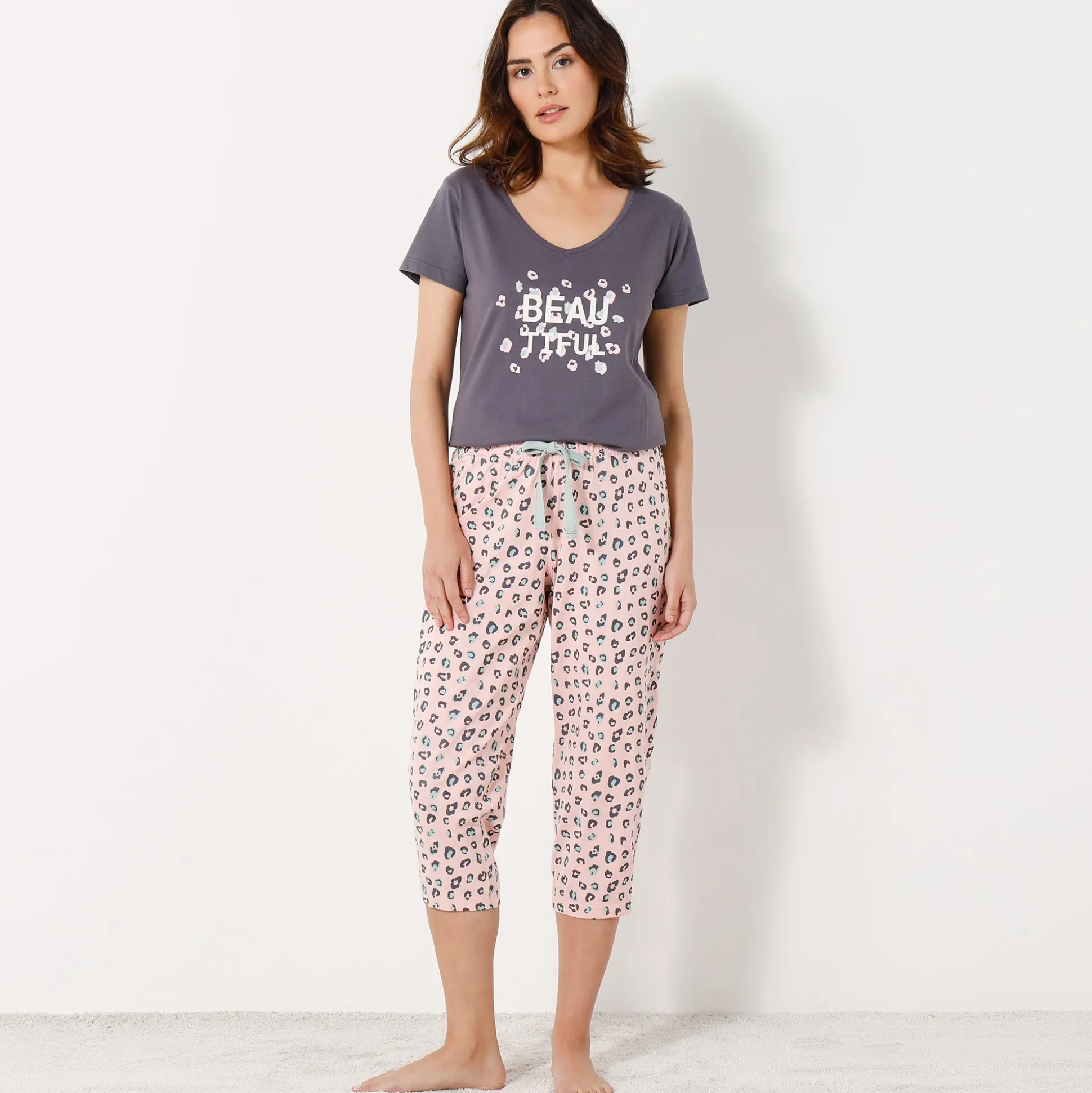 T-shirt met korte mouwen in effen katoen geplaatste "Beautiful" print